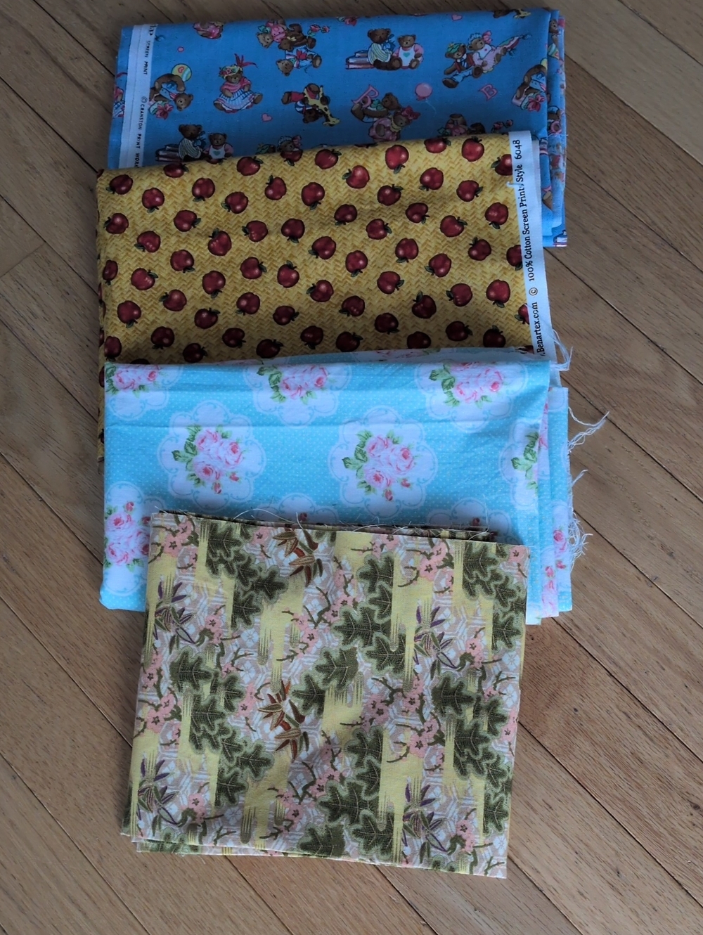 Vintage Fabric Lot Cranston VIP Bear Benartex Apple Floral Cotton Remnants